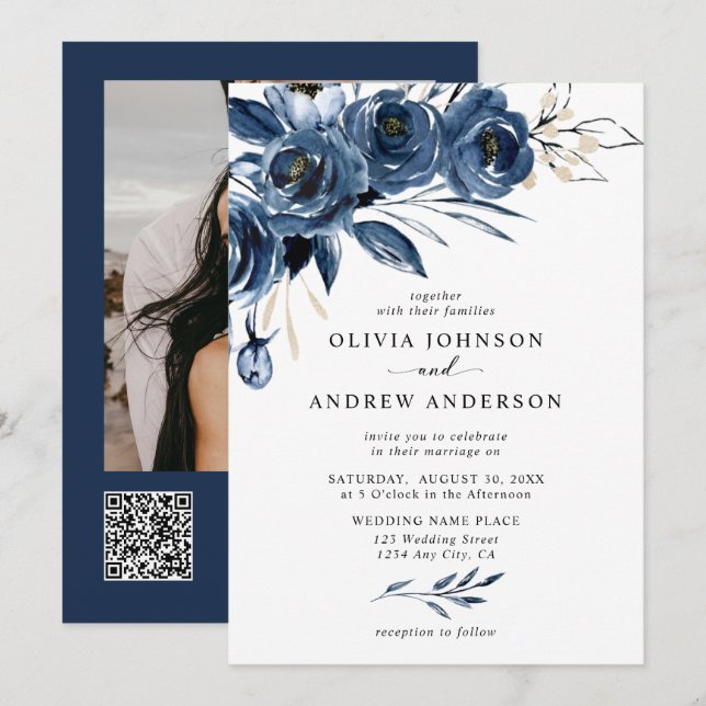 Simple Navy Blue Flowers QR Code & Photo Wedding Invitation (Front/Back)