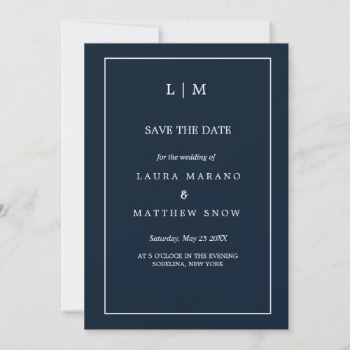 Simple Navy Blue Formal Monogram Wedding  Save The Date