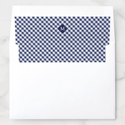 Simple navy blue gingham pattern monogram envelope liner