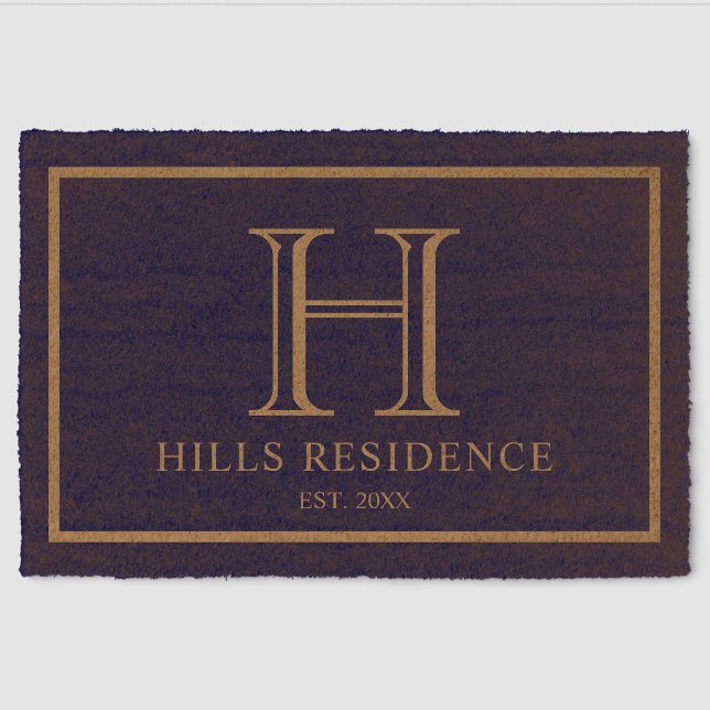 Simple Navy Blue Gold Family Name Monogram Fiber Doormat (Front)