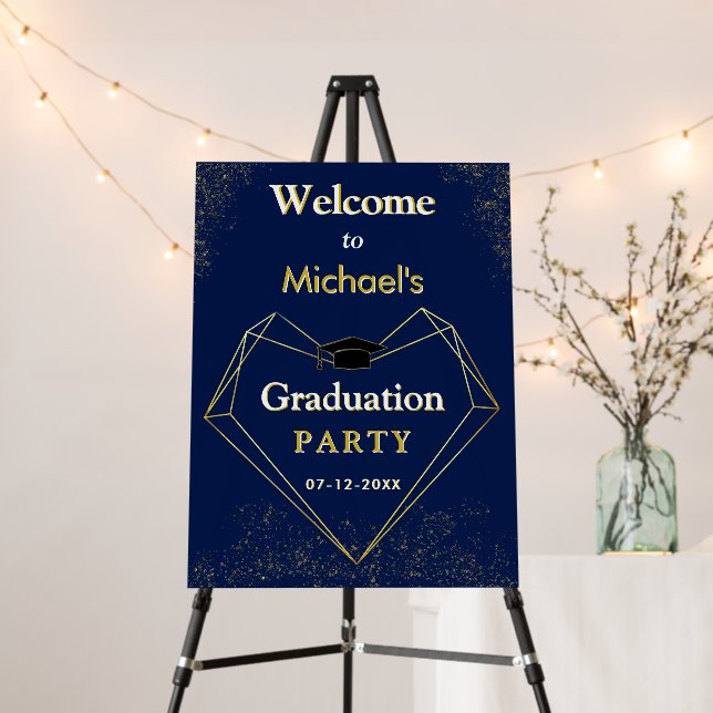 Simple Navy Blue Gold Glitters Welcome Grad Party Foam Board (In Situ (Stand))