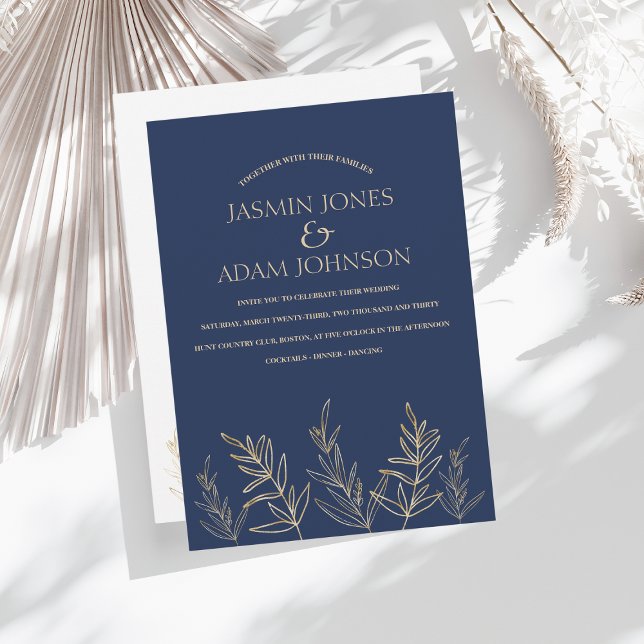 Simple Navy Blue Gold Leaf Wedding Invitation (Creator Uploaded)