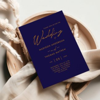 Simple Navy Blue Gold Modern Typography Wedding