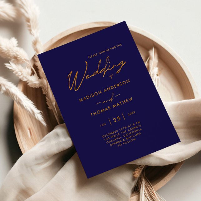 Simple Navy Blue Gold Modern Typography Wedding Invitation (Creator Uploaded)