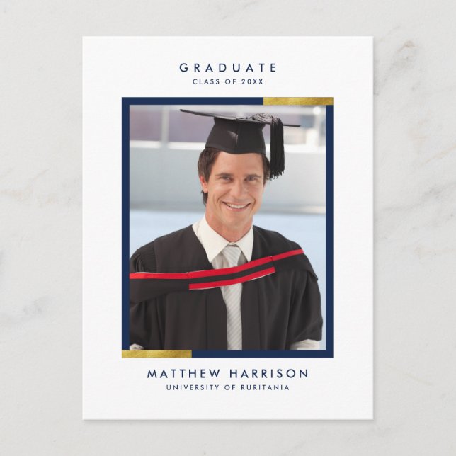 Simple Navy Blue & Gold Photo Graduation Party Invitation Postcard (Front)