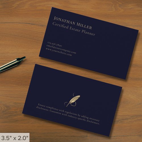 Simple Navy Blue Gold Quill Business Card