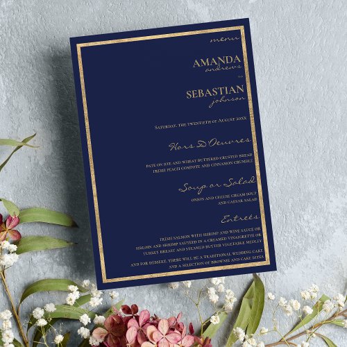 Simple navy blue gold typography elegant wedding menu