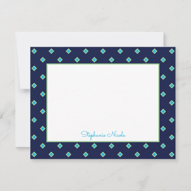 Simple Navy Blue Green Diamond Polka Dot Name Note Card (Front)