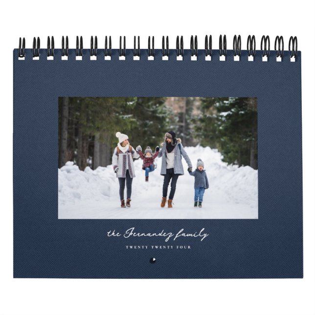Simple navy blue herringbone tweed classic family calendar (Cover)