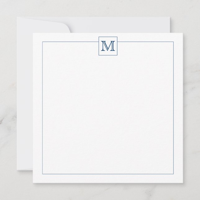 Simple Navy Blue Initial Monogram Square border Note Card (Front)