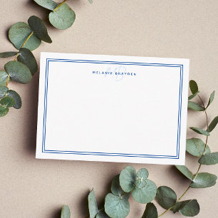 Simple Navy Blue Minimalist Monogram Two Border  Note Card