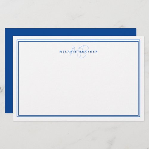 Simple Navy Blue Minimalist Monogram Two Border Stationery