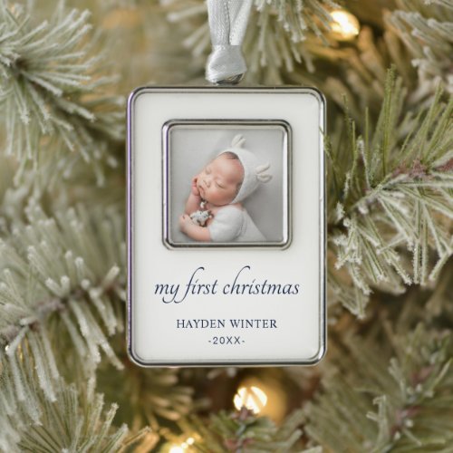 Simple Navy Blue Minimalist Photo Babys First Christmas Ornament