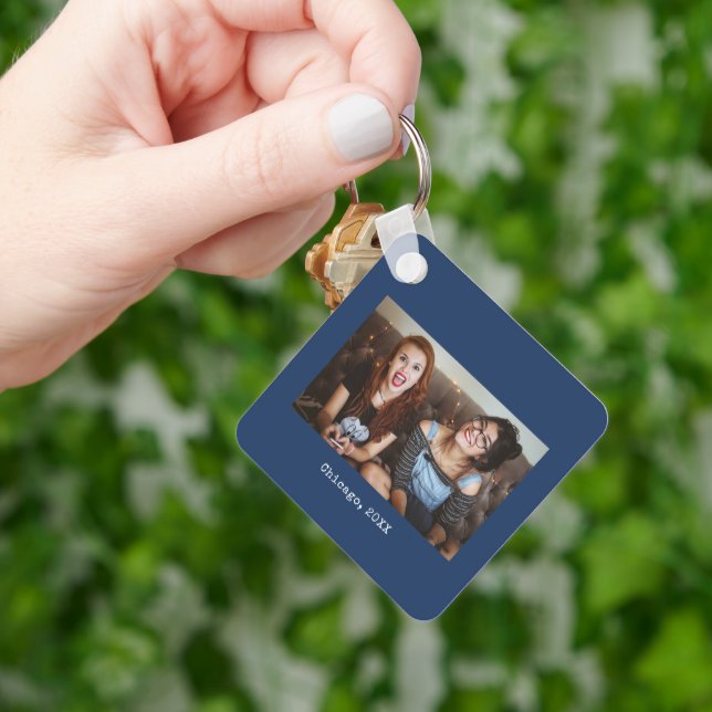 Simple Navy Blue Minimalist Photo Keepsake Keychain (Hand)