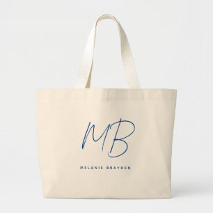 Simple Navy Blue Minimalist Two Monogram Name Large Tote Bag