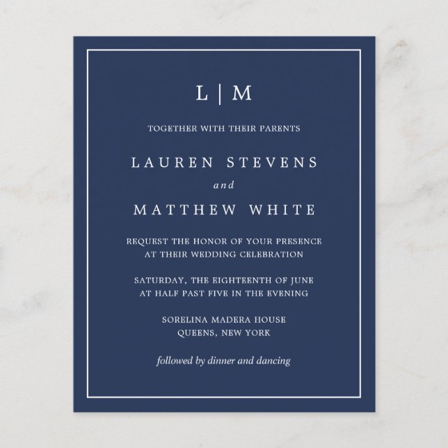 Simple Navy Blue Monogram Budget Wedding Invite (Front)