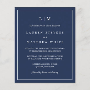 Simple Navy Blue Monogram Budget Wedding Invite