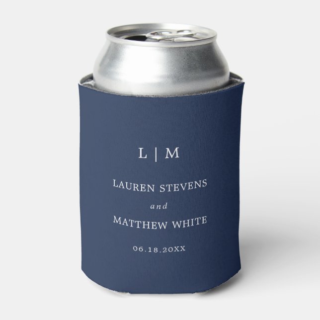 Simple Navy Blue Monogram Elegant Wedding Can Cooler (Can Front)