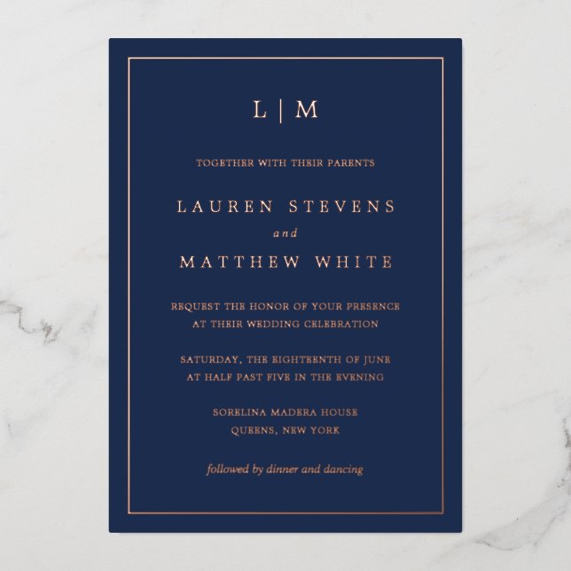 Simple Navy Blue Monogram Elegant Wedding Foil Invitation (Front)