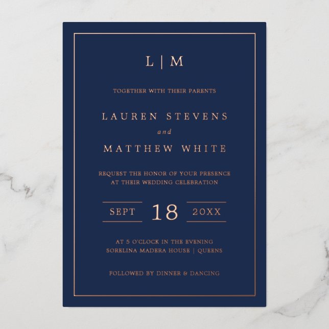 Simple Navy Blue Monogram Elegant Wedding Foil Invitation (Front)