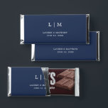 Simple Navy Blue Monogram Elegant Wedding Hershey Bar Favors<br><div class="desc">Simple personalized Hershey's Bar Wedding Favors featuring a modern yet elegant design with your two letter monogram along with your names and date in white over a navy blue background. The back has your personalized message. The font and background colors may be changed to any colors you wish by clicking...</div>