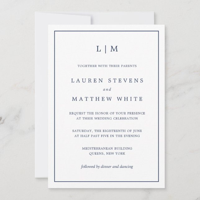 Simple Navy Blue Monogram Elegant Wedding Invitation (Front)