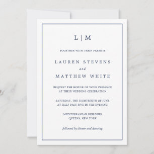 Simple Navy Blue Monogram Elegant Wedding Invitation