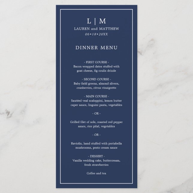 Simple Navy Blue Monogram Elegant Wedding Menu (Front)