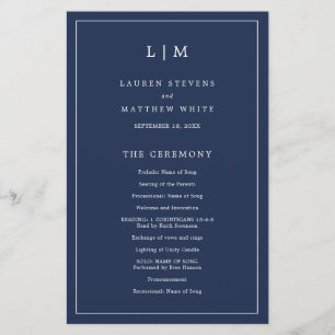 Simple Navy Blue Monogram Elegant Wedding Program Flyer