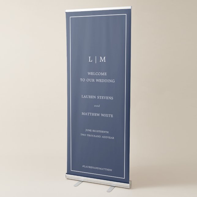 Simple Navy Blue Monogram Elegant Wedding Retractable Banner (3/4)
