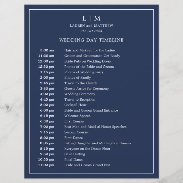 Simple Navy Blue Monogram Elegant Wedding Timeline (Front)