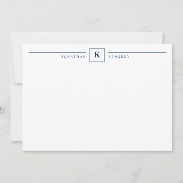 Simple Navy Blue Monogram Line Square Note Card (Front)