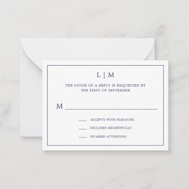 Simple Navy Blue Monogram Mini Wedding RSVP Note Card (Front)