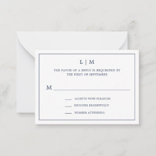 Simple Navy Blue Monogram Mini Wedding RSVP Note Card