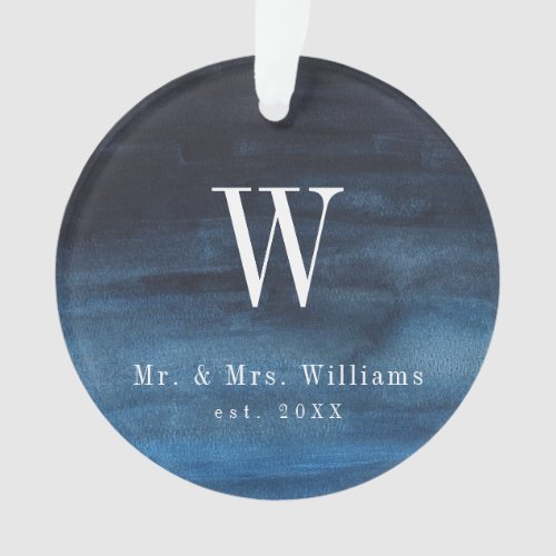 Simple Navy Blue Monogram Newlywed First Christmas Ornament