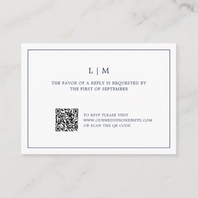 Simple Navy Blue Monogram QR Code Wedding RSVP  Note Card (Front)