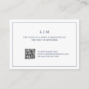 Simple Navy Blue Monogram QR Code Wedding RSVP Note Card