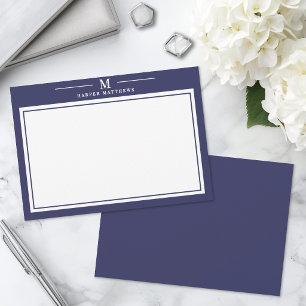 Simple Navy Blue Monogram Stationery Note Card