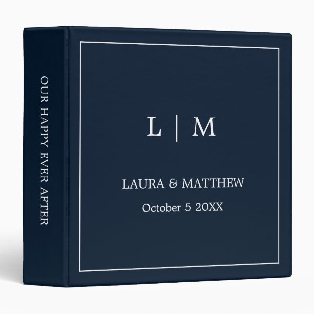 Simple Navy Blue Monogram Wedding Photo Album 3 Ring Binder (Front/Spine)