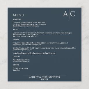 Simple Navy Blue Monogram Wedding Reception Menu