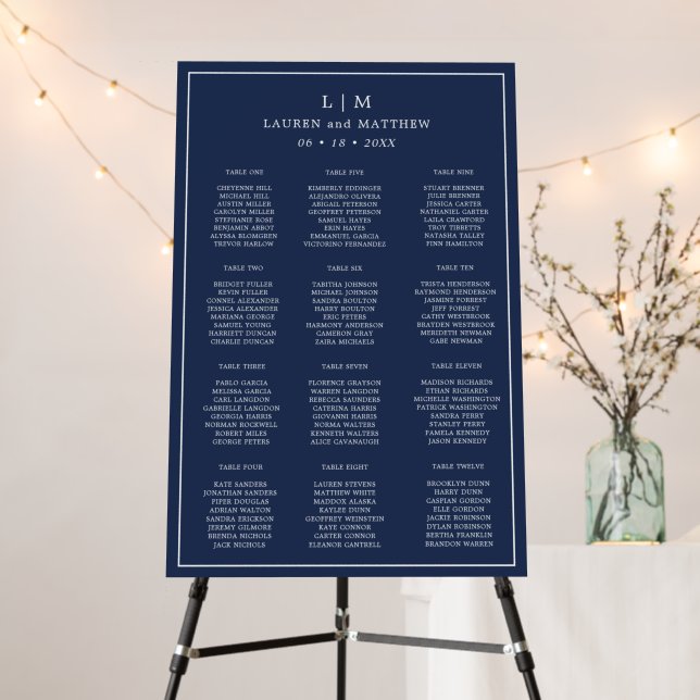Simple Navy Blue Monogram Wedding Seating Chart Foam Board (In Situ (Stand))