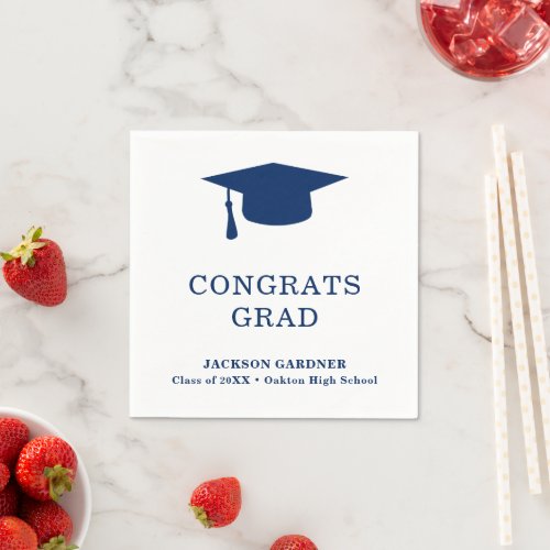 Simple Navy Blue Mortar Board Modern Graduation Napkins