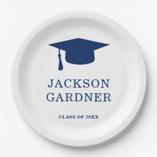 Simple Navy Blue Mortar Board Modern Graduation Paper Plates