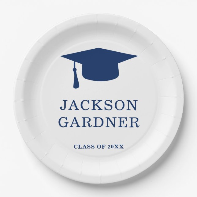 Simple Navy Blue Mortar Board Modern Graduation Paper Plates (Front)