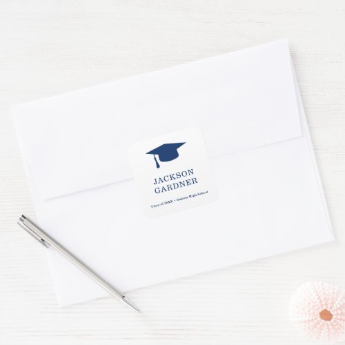 Simple Navy Blue Mortar Board Modern Graduation Square Sticker