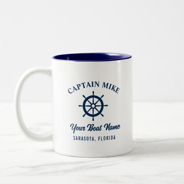 Simple Navy Blue Personalized Captain Boat Name Two-Tone Coffee Mug (Left)