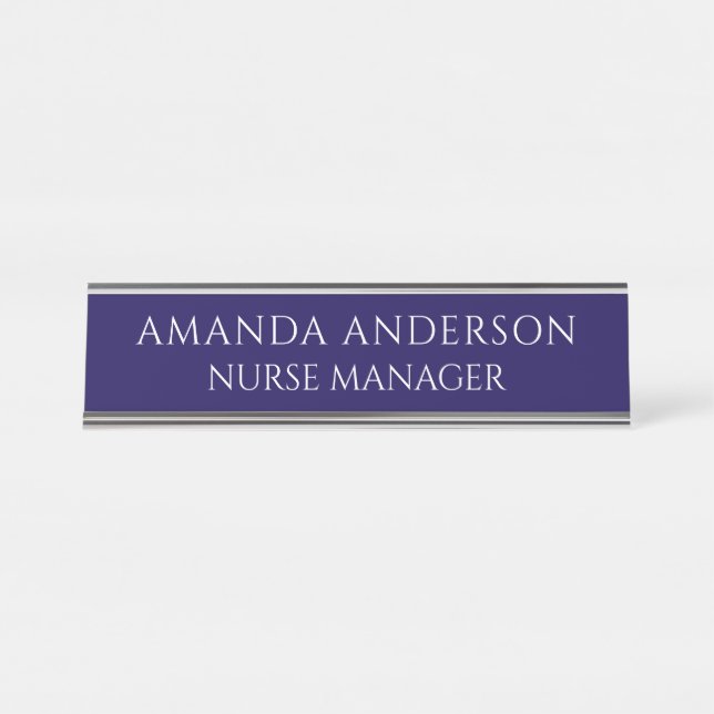 Simple Navy Blue Personalized Name Nurse Manager Desk Name Plate (Front)
