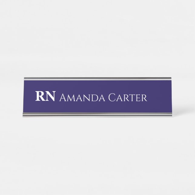 Simple Navy Blue Personalized Name RN Nurse Desk Name Plate (Front)