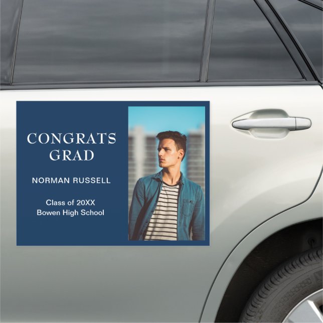 Simple Navy Blue Photo Modern Graduation Car Magnet (In Situ)