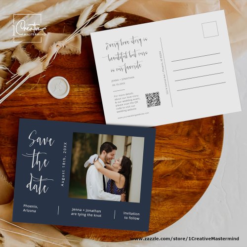 Simple Navy Blue Photo QR Code Save The Date Postcard